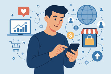 Digital marketing concept with man using smartphone for online shopping and e-commerce. Mobile payments, global customer network connection, data analytics for business growth.