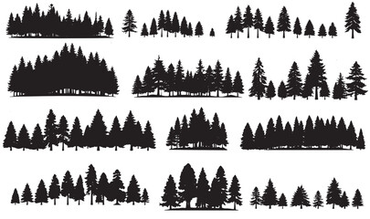 Fir trees silhouettes set. Coniferous spruce horizontal background patterns, black evergreen woods vector illustration. Beautiful hand drawn panorama with treetops forest. Black pine woods