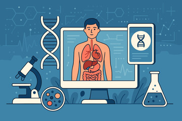 Medical technology concept with human anatomy on a computer screen showing internal organs. Digital health diagnostics, telemedicine, biotechnology, and genetic research illustration.
