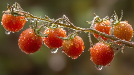 Wet red cherry tomatoes on vine