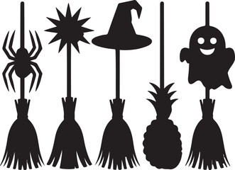 Black Witch broom silhouette vector set. Halloween broomstick icon set. broom Vector