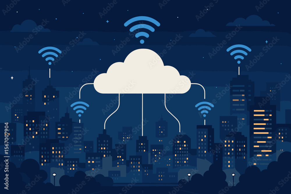 Poster smart city and wireless network technology concept. cloud computing and communication for urban netw