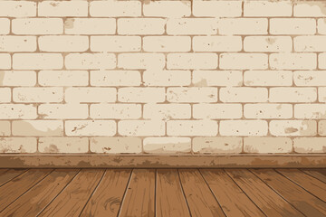 Vintage empty room interior with a white brick wall and brown wooden floor. Rustic grunge background with texture. Flat vector cartoon illustration for product display or backdrop.