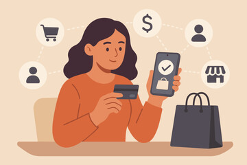 Woman using mobile payment for online shopping, holding credit card and smartphone. E-commerce concept with secure transaction, m-banking, and customer network icons. Flat vector.