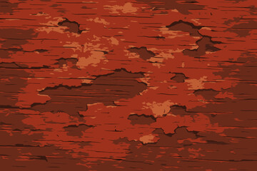Red wood texture with peeling paint. Grunge background of weathered wooden planks. Old, rustic, distressed surface. Vector illustration of cracked paint and abrasion effect.