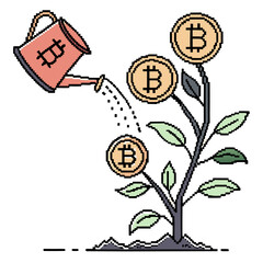 Pixel Art Bitcoin Growth – Watering a Crypto Investment Plant