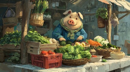 Whimsical pig selling fresh vegetables at a market stall illustration