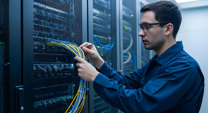 Technician working with network cables in data center