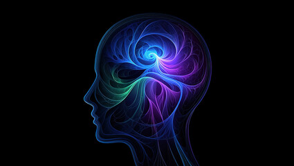 Silhouette of a human head filled with vibrant swirling waves and fractal patterns-symbolizing dynamic consciousness and the fluidity of thought.
