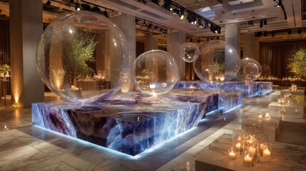 Luxury Event Venue Decor:  Giant Bubbles, Marble, Candlelight Ambiance