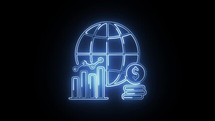 Glowing neon line global economy icon with animated world map. Global economy animation HD video isolated on black background. - Powered by Adobe
