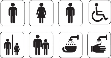 Vector restroom icons:  accessible, family, and hygiene symbols.