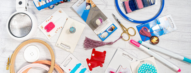 Accessories for hobbies. Needles, threads, hoops snaps, marker, stick for knitting and embroidery