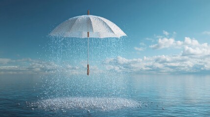 White umbrella over rain water ocean concept