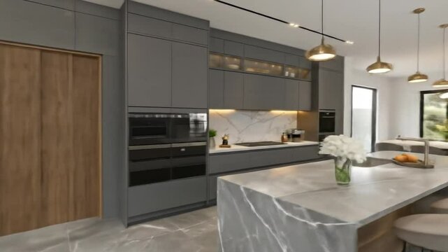 Modern kitchen design ideas gray cabinets marble countertops island seating dining area luxury home interior