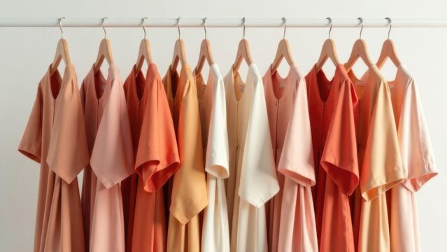 Pastel women's clothing collection on hanger, white, beige, pink and mustard dresses and blouses. Soft color palette for boutique display