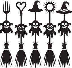 Black Witch broom silhouette vector set. Halloween broomstick icon set. broom Vector