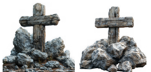 Two old wooden crosses stand on piles of gray rocks, isolated on transparent background