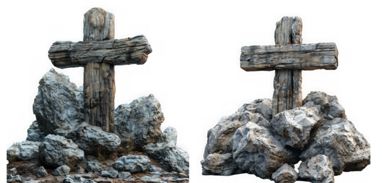 Two old wooden crosses stand on piles of gray rocks, isolated on transparent background