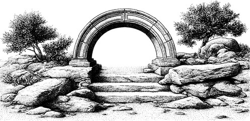 Fototapeta premium Vintage drift archway with tide-stained walkway illustration for artistic design