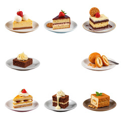 Assorted Delicious Desserts on Plates Featuring Cakes, Brownies, and Pastries Perfect for Sweet Tooth Lovers