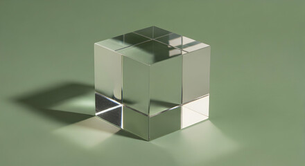 Fototapeta premium Transparent cube on sage green background