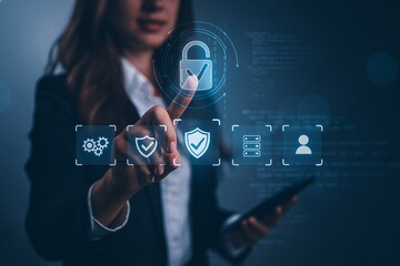 Businesswoman touching virtual lock icon for data security and protection on futuristic digital interface