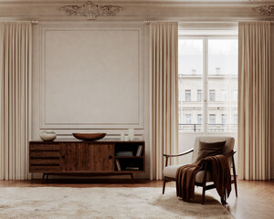 Classic beige interior with dresser with decor, armchair and carpet.3d render illustration mockup.