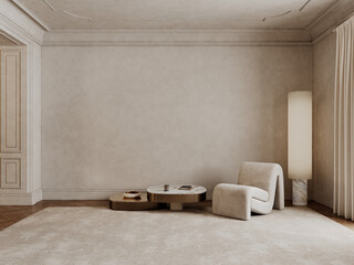 Classic beige interior with armchair, blank wall, coffee tables, carpet, floor lamp and decor. 3d render illustration mockup.