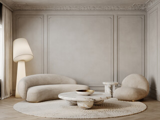 Classic beige interior with sofa, armchair, coffee tables, round rug, floor lamp and decor. 3d render illustration mockup.
