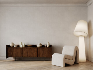 Classic beige interior with blank wall, wood dresser with decor, armchair, floor lamp, coffee table and wood floor. 3d render illustration mockup.