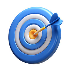 3D rendering of a blue target with an arrow in the cente isolated on transparent white background, clipping path
