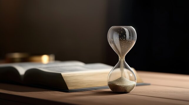 A photorealistic image of an elegant hourglass with slowly flowing fine sand is placed on a wooden table next to an open Bible, while soft, warm lighting casts subtle shadows.