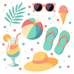 Colorful Summer Beach Elements: Sunglasses, Palm Leaves, Ice Cream, Beach Ball, Flip Flops, Cocktail, Wide-Brim Hat, and Decorative Colorful Dots for Vibrant Holiday and Vacation Design