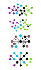 Network Structure Illustrations: Four Separate Colorful Node and Edge Diagrams Forming Unique Patterns, Representing Digital Connections, Communication, and Data Visualization