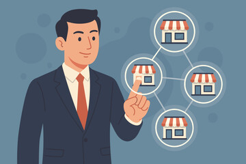 Businessman touching franchise business store icon on a virtual screen. Concept of business growth, network expansion, and retail chain management. Flat vector cartoon illustration.