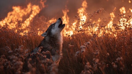 Wolf howling at wildfire in field