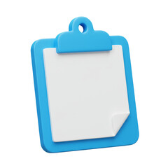 3D clipboard icon with a white paper sheet and blue clip, featuring a glossy finish and isolated on a white background &mdash; ideal for checklists, reports, and documentation.
