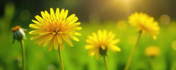 Sunlit Dandelions Vibrant Yellow Blossoms in a Lush Green Field ? Perfect Spring Macro Photography