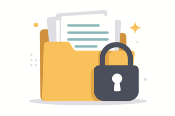 Secure document management and confidential data protection concept. Vector folder with files protected by a private lock. Information privacy, archive safety, and access control.