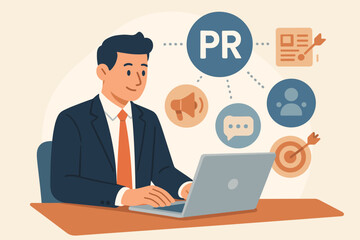 Public relations PR concept with businessman at laptop planning marketing strategy. Man working on communication, advertising, and brand promotion with media icons. Flat vector illustration.