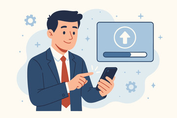Software update concept. Businessman upgrading operating system on smartphone. Man installing app, downloading new version. Technology illustration with loading progress bar and upload icon.