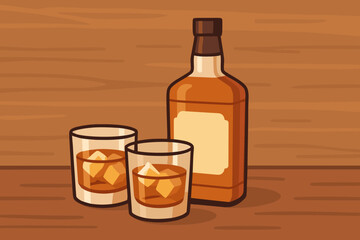 Whiskey bottle with blank label and two glasses of bourbon on the rocks. Vector illustration of scotch or rum on a wooden bar counter. Alcohol drink concept for pub menu or party.