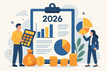 2026 budget planning and financial management concept. Business team analyzing company income, expenses, and investment strategy. Corporate finance report and budget allocation vector.