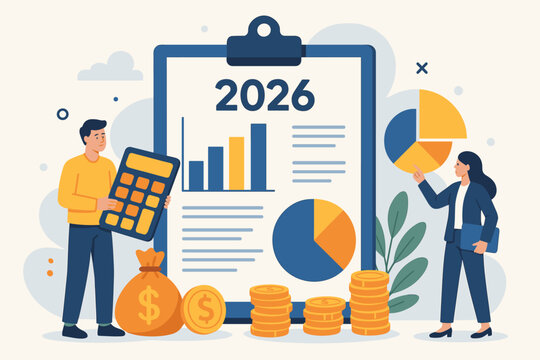 2026 budget planning and financial management concept. Business team analyzing company income, expenses, and investment strategy. Corporate finance report and budget allocation vector.