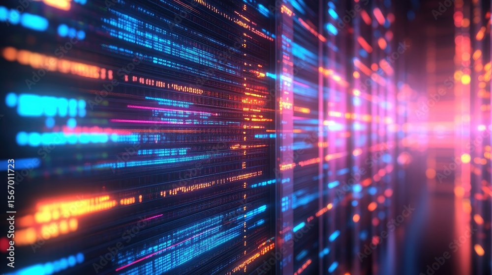 Poster 3D rendering of digital code patterns glowing on futuristic server racks in a vibrant neon-lit corridor. Ideal for cybersecurity, data transmission, and network technology visuals