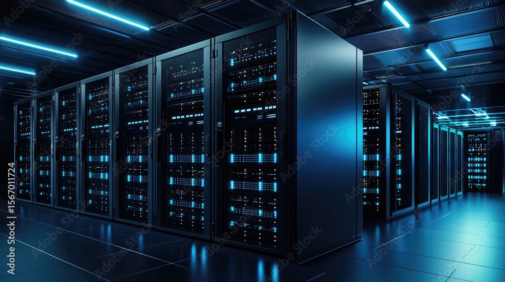 Aufkleber Modern data center interior with rows of black server racks and blue LED lighting in a high-security facility. Ideal for cloud storage, IT infrastructure, and data technology visuals