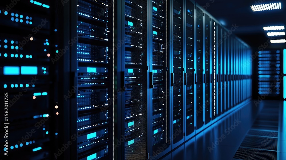 Poster Dark modern data center with rows of illuminated black server racks and blue LED lights in a secure environment. Ideal for cloud storage, IT infrastructure, and tech network visuals
