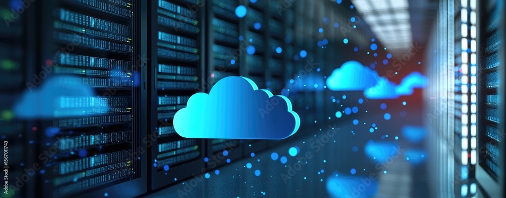 Poster 3D rendering of glowing blue cloud icons in a futuristic data center corridor representing cloud computing, storage, and secure server infrastructure. Ideal for tech and IT visuals