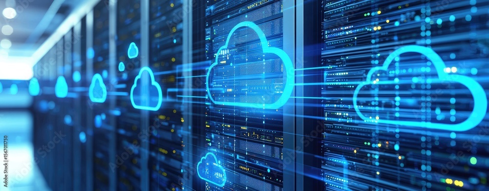 Aufkleber 3D cloud computing concept with glowing blue icons connecting data servers in a modern digital infrastructure. Ideal for cloud network, technology, or IT service visuals